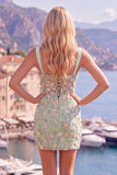 Blue Sheer Corset Bodycon Floral Ruched Appliqued Homecoming Dress with Slit