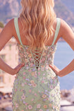 Blue Sheer Corset Bodycon Floral Ruched Appliqued Homecoming Dress with Slit