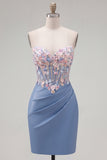 Sweetheart Blue Sheer Corset Bodycon Floral Ruched Appliqued Homecoming Dress