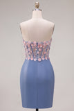 Sweetheart Blue Sheer Corset Bodycon Floral Ruched Appliqued Homecoming Dress