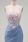 Sweetheart Blue Sheer Corset Bodycon Floral Ruched Appliqued Homecoming Dress