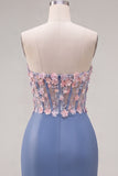 Sweetheart Blue Sheer Corset Bodycon Floral Ruched Appliqued Homecoming Dress