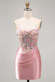 Sweetheart Sheer Corset Bodycon Floral Ruched Beaded Strapless Homecoming Dress