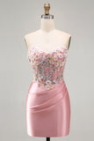 Sweetheart Sheer Corset Bodycon Floral Ruched Beaded Strapless Homecoming Dress