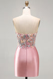 Sweetheart Sheer Corset Bodycon Floral Ruched Beaded Strapless Homecoming Dress