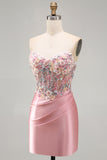 Sweetheart Sheer Corset Bodycon Floral Ruched Beaded Strapless Homecoming Dress