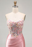 Sweetheart Sheer Corset Bodycon Floral Ruched Beaded Strapless Homecoming Dress
