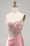 Sweetheart Sheer Corset Bodycon Floral Ruched Beaded Strapless Homecoming Dress