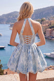 Fuchsia A-Line Halter Neck Jacquard Floral Homecoming Dress