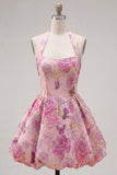 Fuchsia A-Line Halter Neck Jacquard Floral Homecoming Dress