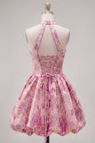 Fuchsia A-Line Halter Neck Jacquard Floral Homecoming Dress