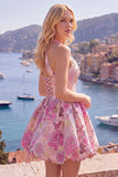 Fuchsia A-Line Halter Neck Jacquard Floral Homecoming Dress