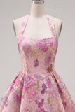 Fuchsia A-Line Halter Neck Jacquard Floral Homecoming Dress