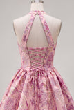 Fuchsia A-Line Halter Neck Jacquard Floral Homecoming Dress