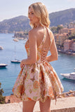 Fuchsia A-Line Halter Neck Jacquard Floral Homecoming Dress