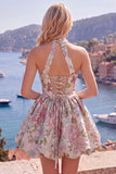 Fuchsia A-Line Halter Neck Jacquard Floral Homecoming Dress