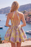 Fuchsia A-Line Halter Neck Jacquard Floral Homecoming Dress