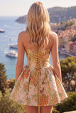 A-Line Yellow Strapless Ruched Jacquard Floral Homecoming Dress