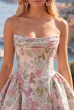 A-Line Yellow Strapless Ruched Jacquard Floral Homecoming Dress