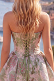 A-Line Yellow Strapless Ruched Jacquard Floral Homecoming Dress