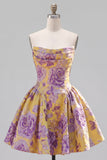 A-Line Yellow Strapless Ruched Jacquard Floral Homecoming Dress