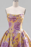 A-Line Yellow Strapless Ruched Jacquard Floral Homecoming Dress