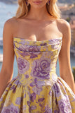 A-Line Yellow Strapless Ruched Jacquard Floral Homecoming Dress