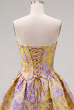 A-Line Yellow Strapless Ruched Jacquard Floral Homecoming Dress