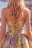 A-Line Yellow Strapless Ruched Jacquard Floral Homecoming Dress