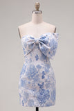 Blue Jacquard Sweetheart Bodycon Floral Homecoming Dress with Bow