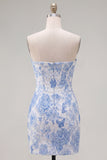 Blue Jacquard Sweetheart Bodycon Floral Homecoming Dress with Bow