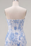 Blue Jacquard Sweetheart Bodycon Floral Homecoming Dress with Bow