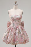 A-Line Pink Sweetheart Jacquard Floral Homecoming Dress with Bow