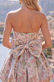 A-Line Pink Sweetheart Jacquard Floral Homecoming Dress with Bow