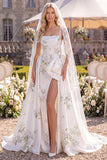 White Green Flower Sweep Train A Line Beaded Beach Wedding Dress with Veils