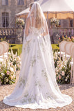 White Green Flower Sweep Train A Line Beaded Beach Wedding Dress with Veils