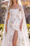 White Green Flower Sweep Train A Line Beaded Beach Wedding Dress with Veils