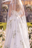White Green Flower Sweep Train A Line Beaded Beach Wedding Dress with Veils