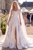 White Purple Flower A Line Corset Sweep Train Beach Wedding Dress with Veils