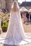 White Purple Flower A Line Corset Sweep Train Beach Wedding Dress with Veils