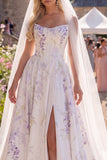 White Purple Flower A Line Corset Sweep Train Beach Wedding Dress with Veils