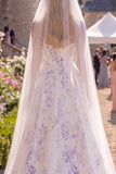 White Purple Flower A Line Corset Sweep Train Beach Wedding Dress with Veils