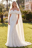 White Mermaid Floral Lace Sweep Train Boho Wedding Dress with Veils