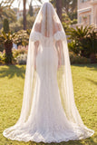 White Mermaid Floral Lace Sweep Train Boho Wedding Dress with Veils