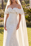 White Mermaid Floral Lace Sweep Train Boho Wedding Dress with Veils