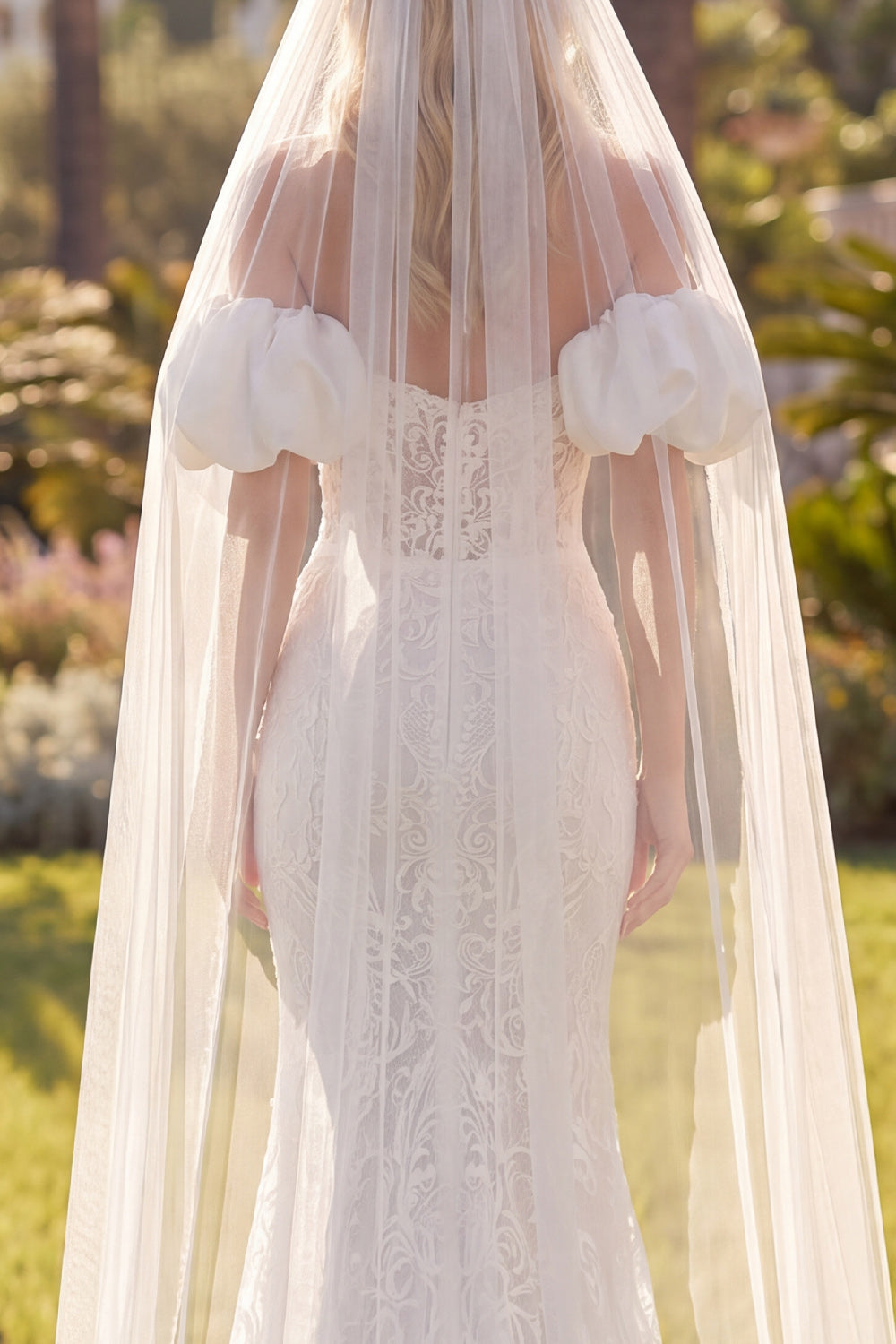 Zapaka Women White Floral Wedding Dress with Veils Mermaid Off the Shoulder Sweep Train Boho Lace Bridal Dress, White / US2