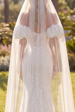 White Mermaid Floral Lace Sweep Train Boho Wedding Dress with Veils