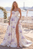White Purple Flower A Line Ruched Sweep Train Beach Wedding Dress with Slit