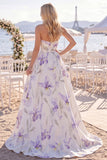 White Purple Flower A Line Ruched Sweep Train Beach Wedding Dress with Slit