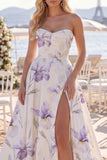 White Purple Flower A Line Ruched Sweep Train Beach Wedding Dress with Slit